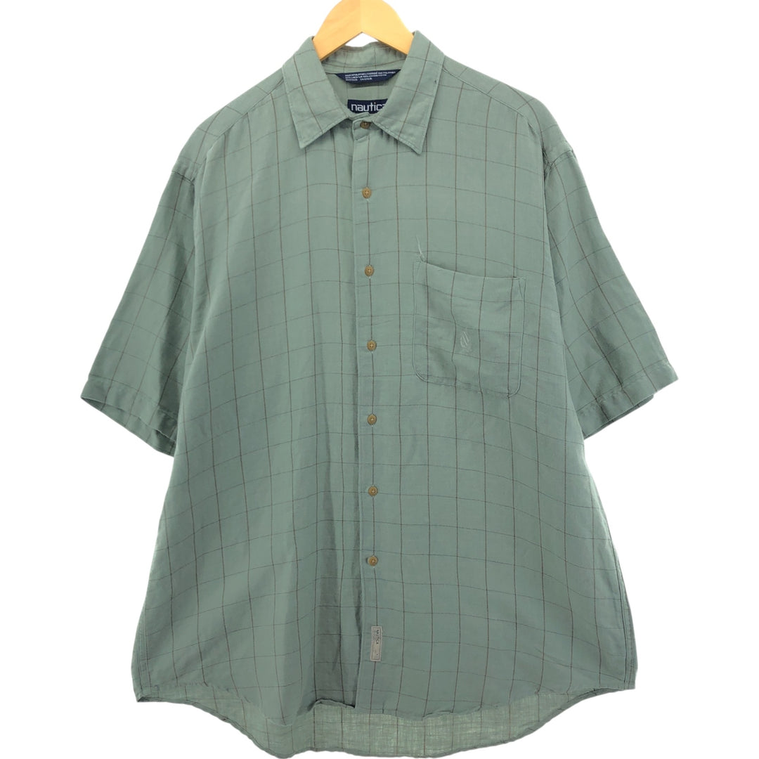 90'S NAUTICA Check Pattern Short Sleeve Linen Shirt Men's XL linen Mint green Vintage Second Hand
