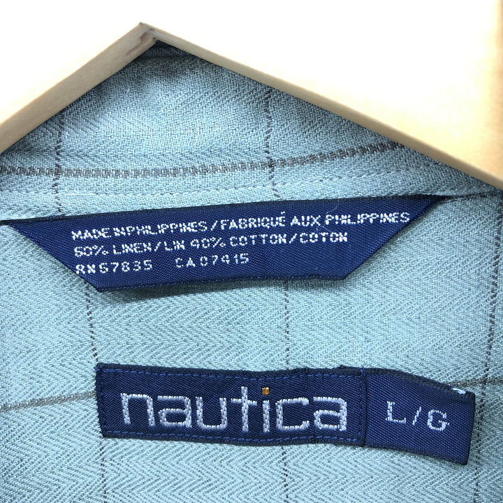 90'S NAUTICA Check Pattern Short Sleeve Linen Shirt Men's XL linen Mint green Vintage Second Hand