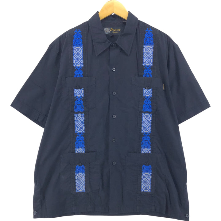 Dragonfly Short Sleeve Open Collar Mexican Shirt Cuban Shirt Men's Size L polyester black type Vintage Second Hand