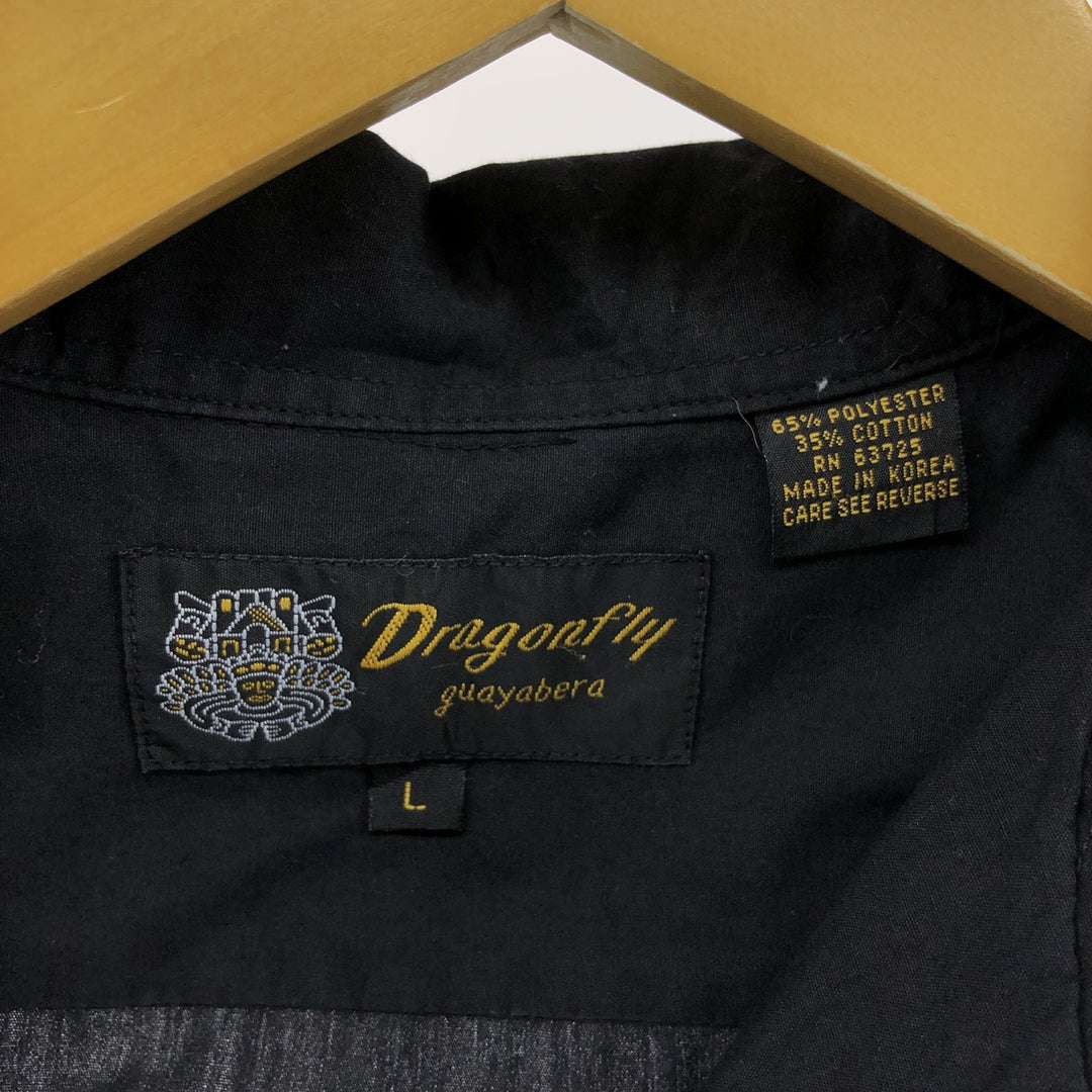 Dragonfly Short Sleeve Open Collar Mexican Shirt Cuban Shirt Men's Size L polyester black type Vintage Second Hand