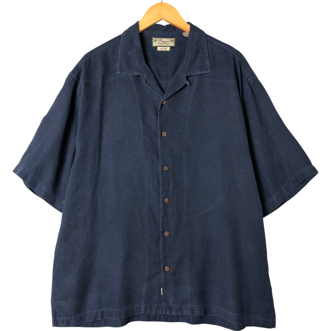 ISLAND SHORES Short Sleeve Open Collar Silk Shirt Box Shirt Men's Size L silk navy blue type Vintage Second Hand