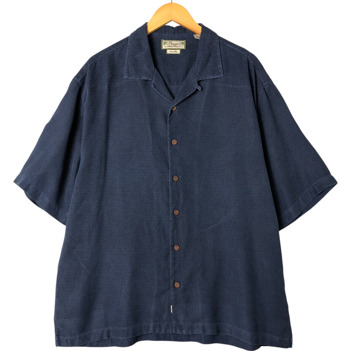ISLAND SHORES Short Sleeve Open Collar Silk Shirt Box Shirt Men's Size L silk navy blue type Vintage Second Hand