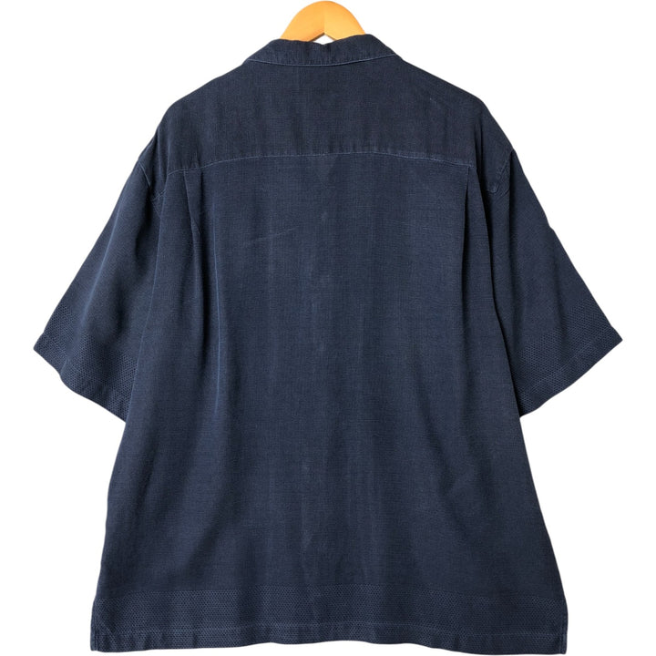 ISLAND SHORES Short Sleeve Open Collar Silk Shirt Box Shirt Men's Size L silk navy blue type Vintage Second Hand