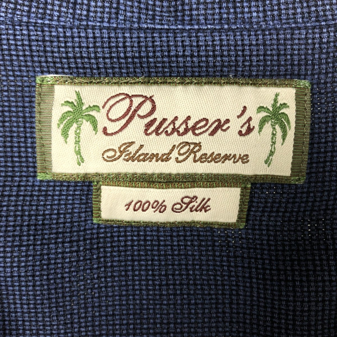 ISLAND SHORES Short Sleeve Open Collar Silk Shirt Box Shirt Men's Size L silk navy blue type Vintage Second Hand