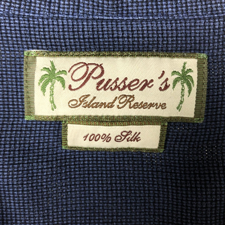 ISLAND SHORES Short Sleeve Open Collar Silk Shirt Box Shirt Men's Size L silk navy blue type Vintage Second Hand