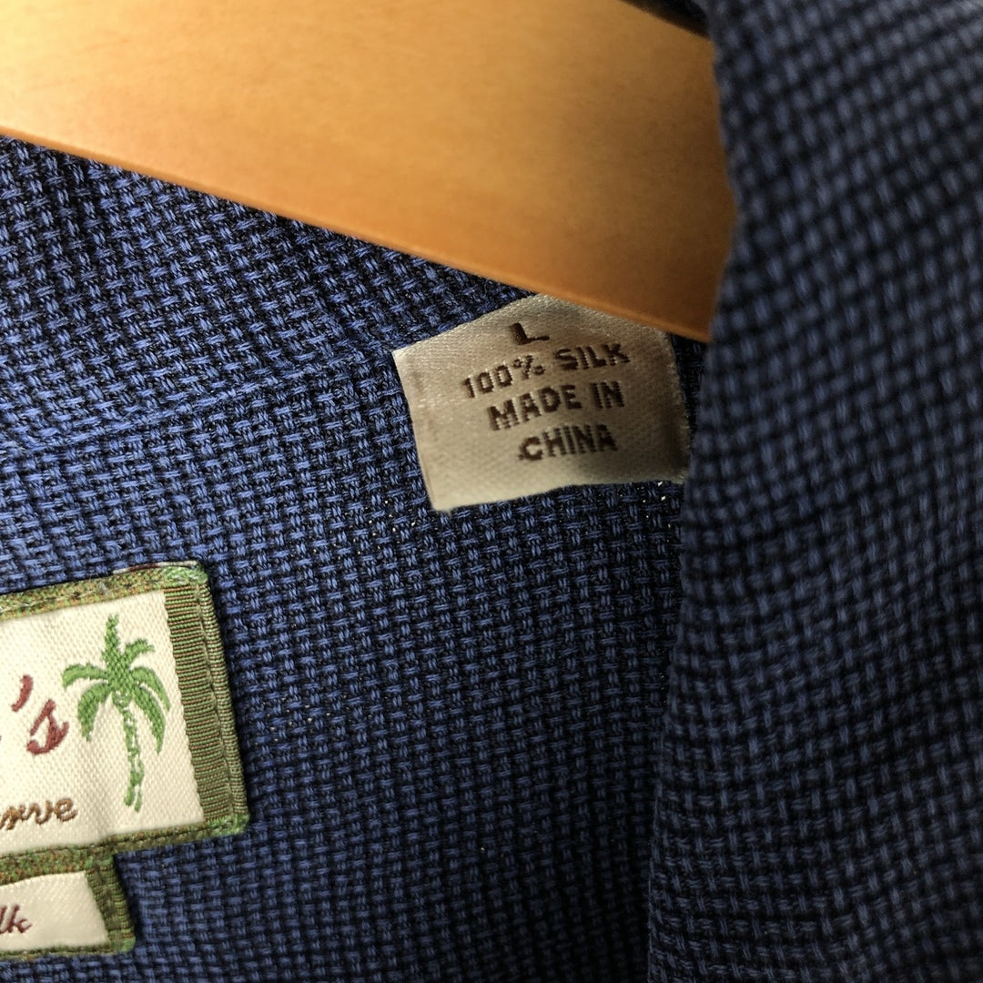 ISLAND SHORES Short Sleeve Open Collar Silk Shirt Box Shirt Men's Size L silk navy blue type Vintage Second Hand