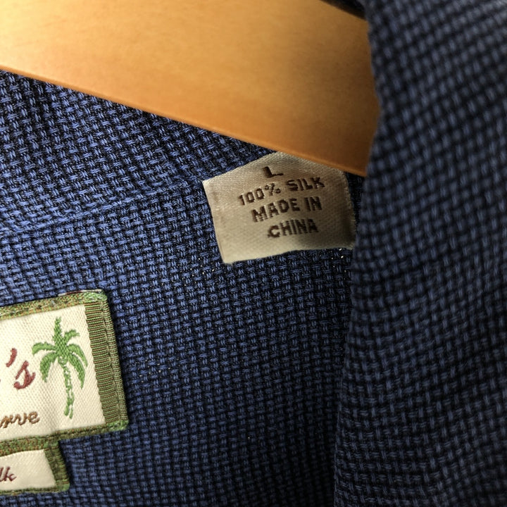 ISLAND SHORES Short Sleeve Open Collar Silk Shirt Box Shirt Men's Size L silk navy blue type Vintage Second Hand
