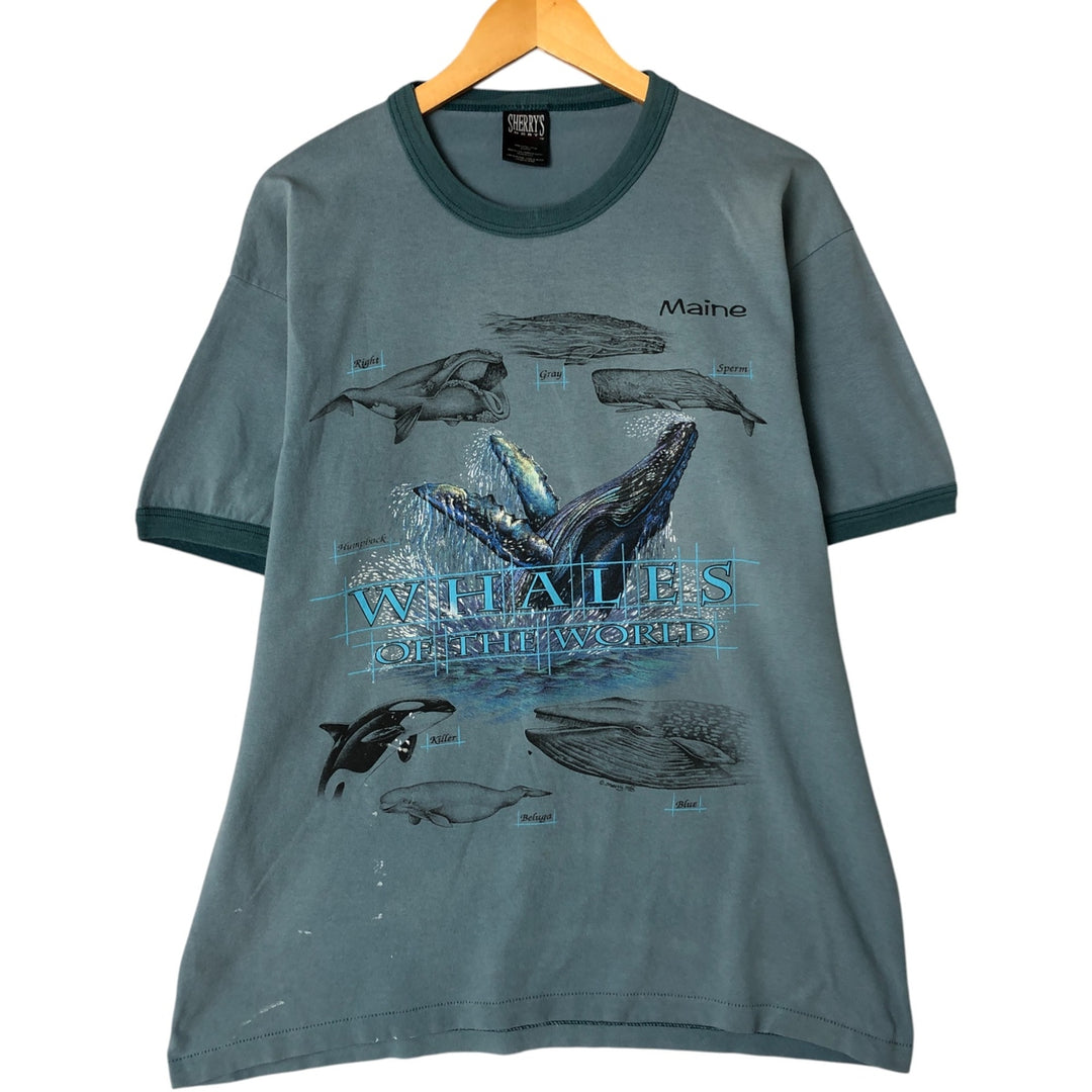 90'S Sherry's Best Animal Pattern Ringer T-shirt Made in USA Men's L size Short sleeve Vintage cotton Blue type light blue Vintage Second Hand