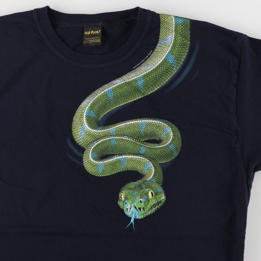 WiLD PLANET Snake Pattern Python Pattern Animal T-shirt Men's XXL cotton navy blue type Vintage Second Hand