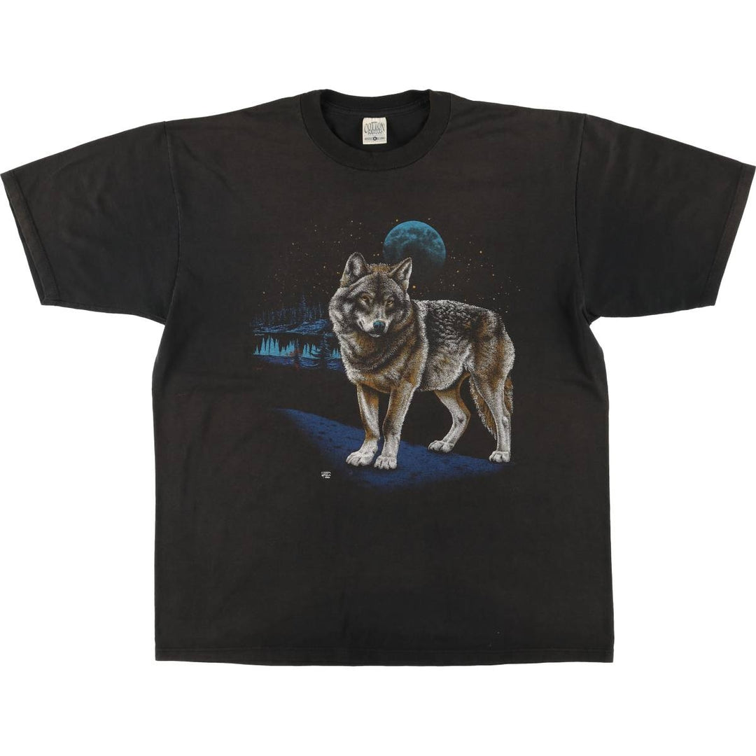90'S COTTON GROVE Wolf Pattern Animal T-shirt Made in USA Men's XL Vintage cotton black type Vintage Second Hand