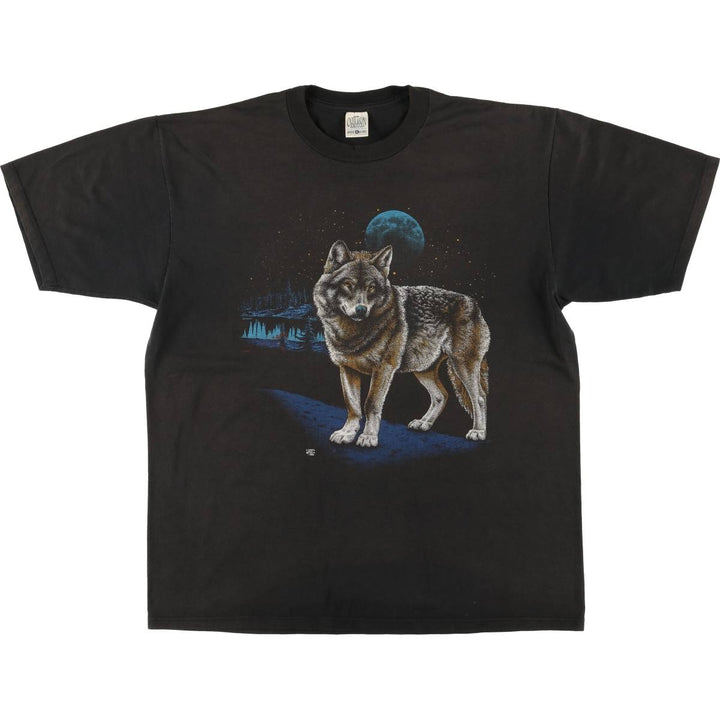 90'S COTTON GROVE Wolf Pattern Animal T-shirt Made in USA Men's XL Vintage cotton black type Vintage Second Hand
