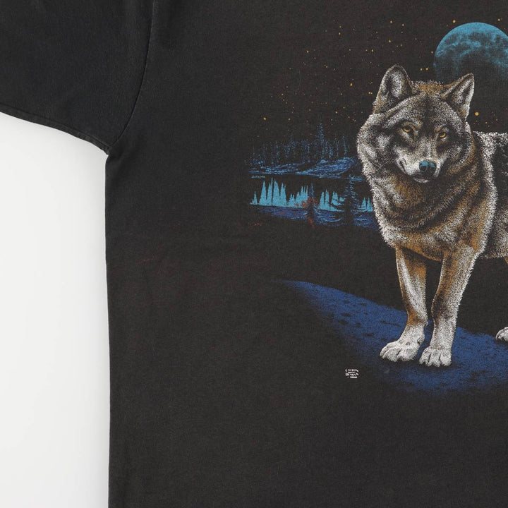 90'S COTTON GROVE Wolf Pattern Animal T-shirt Made in USA Men's XL Vintage cotton black type Vintage Second Hand