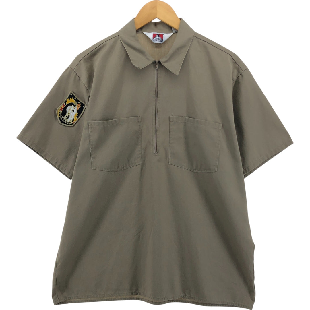 90'S Ben Davis Half-Zip Short-Sleeve Work Shirt Box Shirt Made in USA Men's L Size Vintage cotton Beige type Vintage Second Hand
