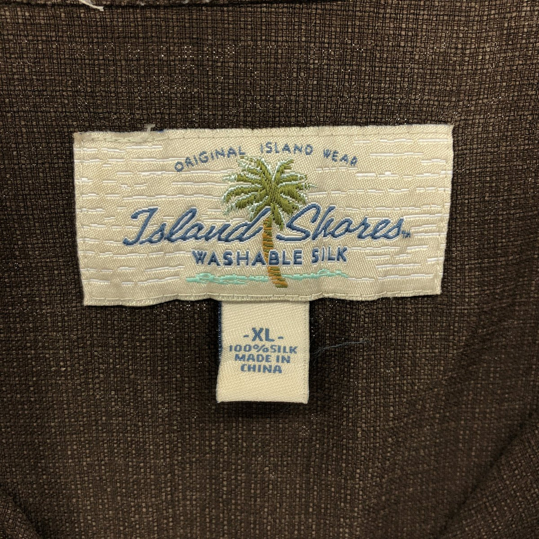 Island Shores Short Sleeve Open Collar Silk Shirt Box Shirt Men's XL Size silk brown type Vintage Second Hand