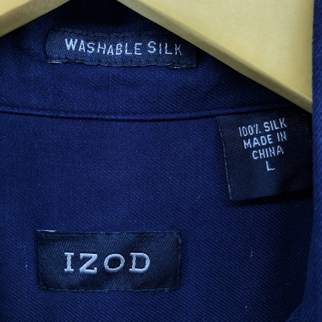 IZOD Short Sleeve Silk Shirt, Men's Size L, Box Shirt silk navy blue type Vintage Second Hand