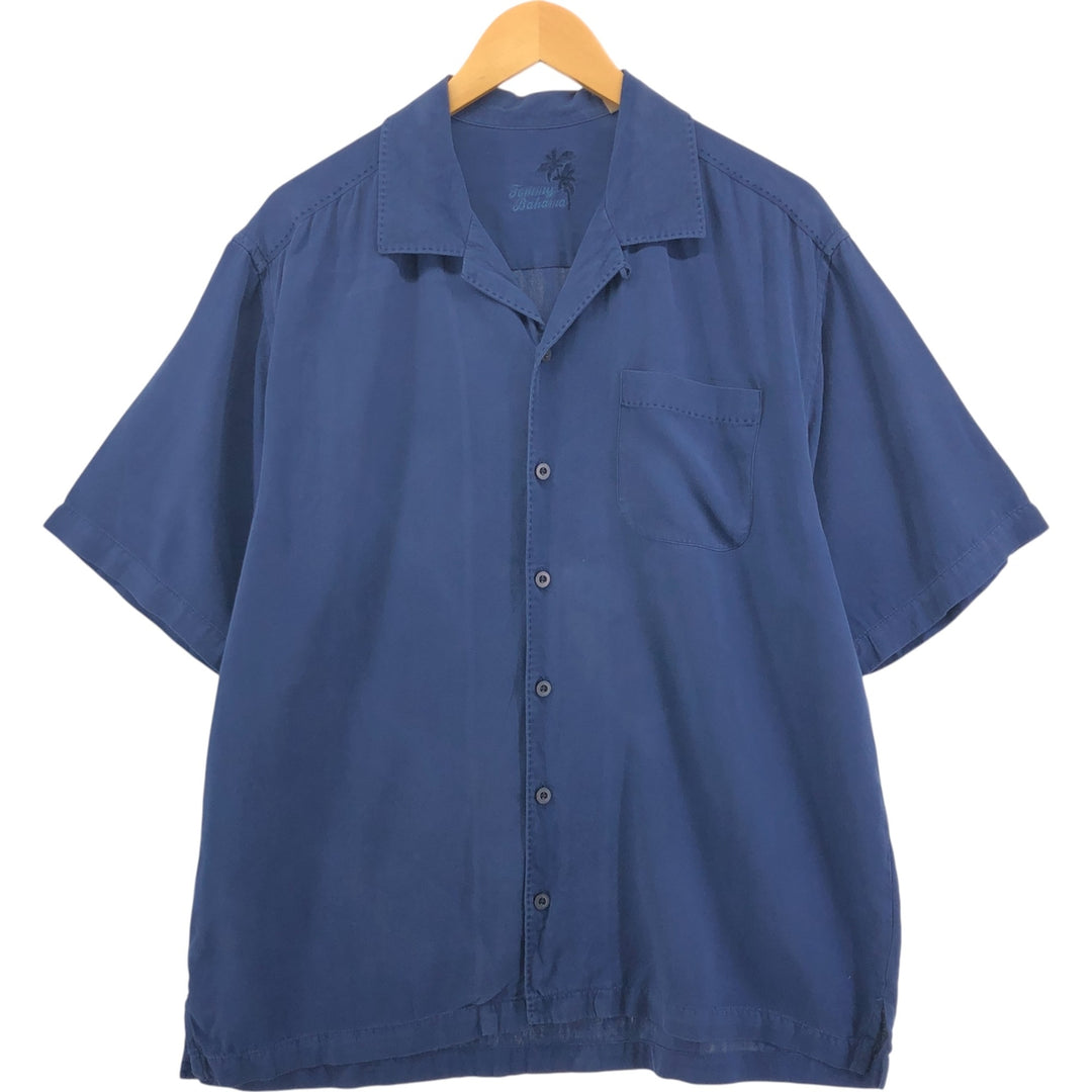 Tommy Bahama short sleeve open collar silk shirt, box shirt, men's size L silk Navy blue Vintage Second Hand