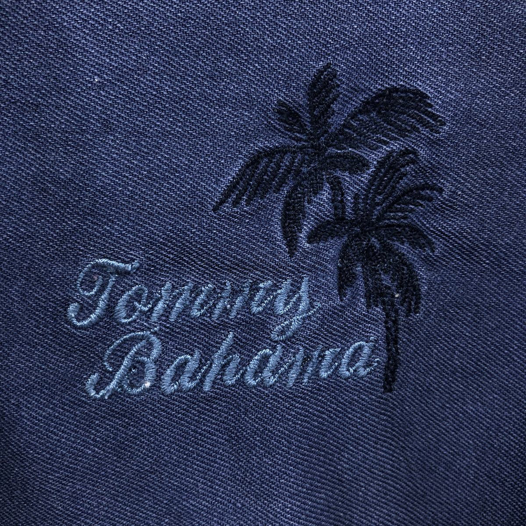 Tommy Bahama short sleeve open collar silk shirt, box shirt, men's size L silk Navy blue Vintage Second Hand