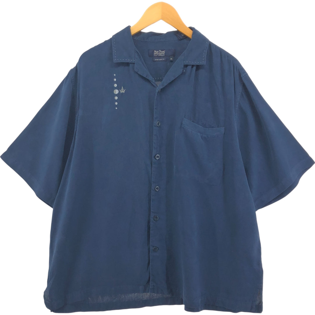 Nat Nast American fit short sleeve open collar silk shirt box shirt men's XL equivalent silk Navy blue Vintage Second Hand