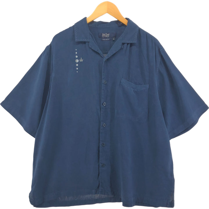 Nat Nast American fit short sleeve open collar silk shirt box shirt men's XL equivalent silk Navy blue Vintage Second Hand