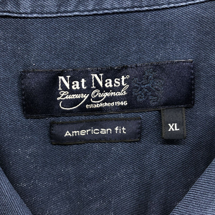 Nat Nast American fit short sleeve open collar silk shirt box shirt men's XL equivalent silk Navy blue Vintage Second Hand