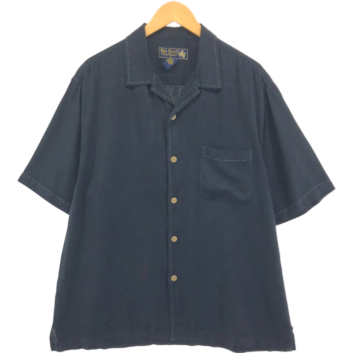 Nat Nast short sleeve open collar silk shirt box shirt men's XL size silk black type Vintage Second Hand