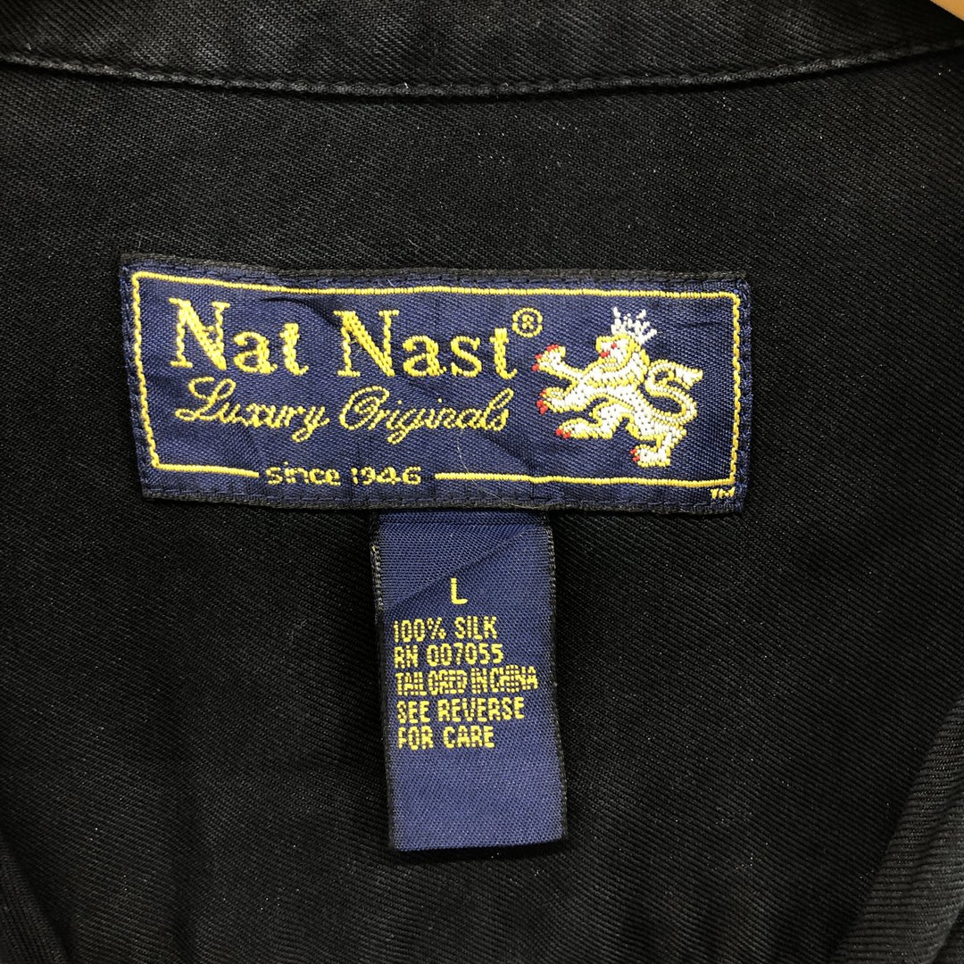 Nat Nast short sleeve open collar silk shirt box shirt men's XL size silk black type Vintage Second Hand