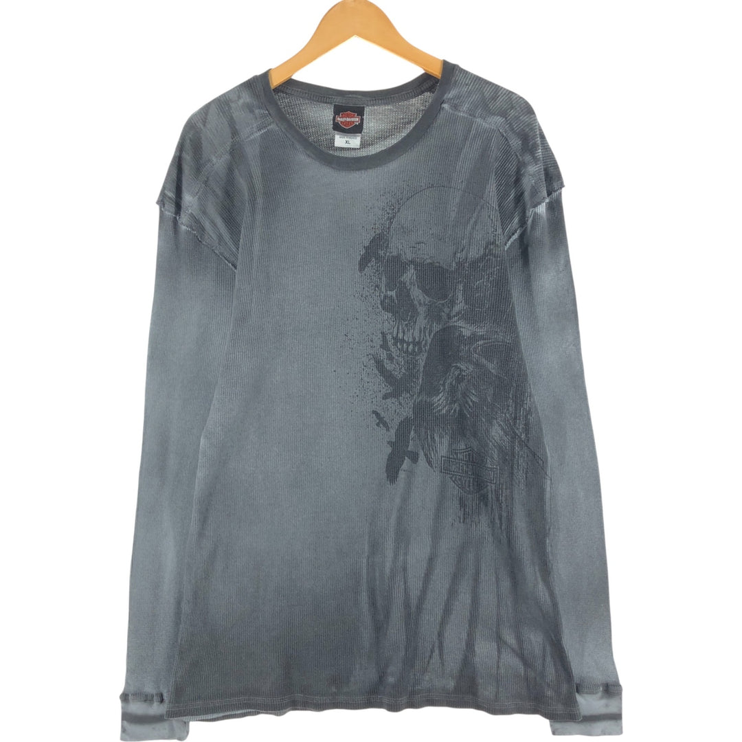 Harley-Davidson Skull Pattern Thermal Long T-shirt, Waffle, Men's XL size cotton black type Vintage Second Hand