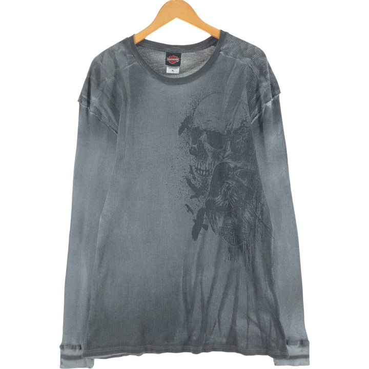 Harley-Davidson Skull Pattern Thermal Long T-shirt, Waffle, Men's XL size cotton black type Vintage Second Hand