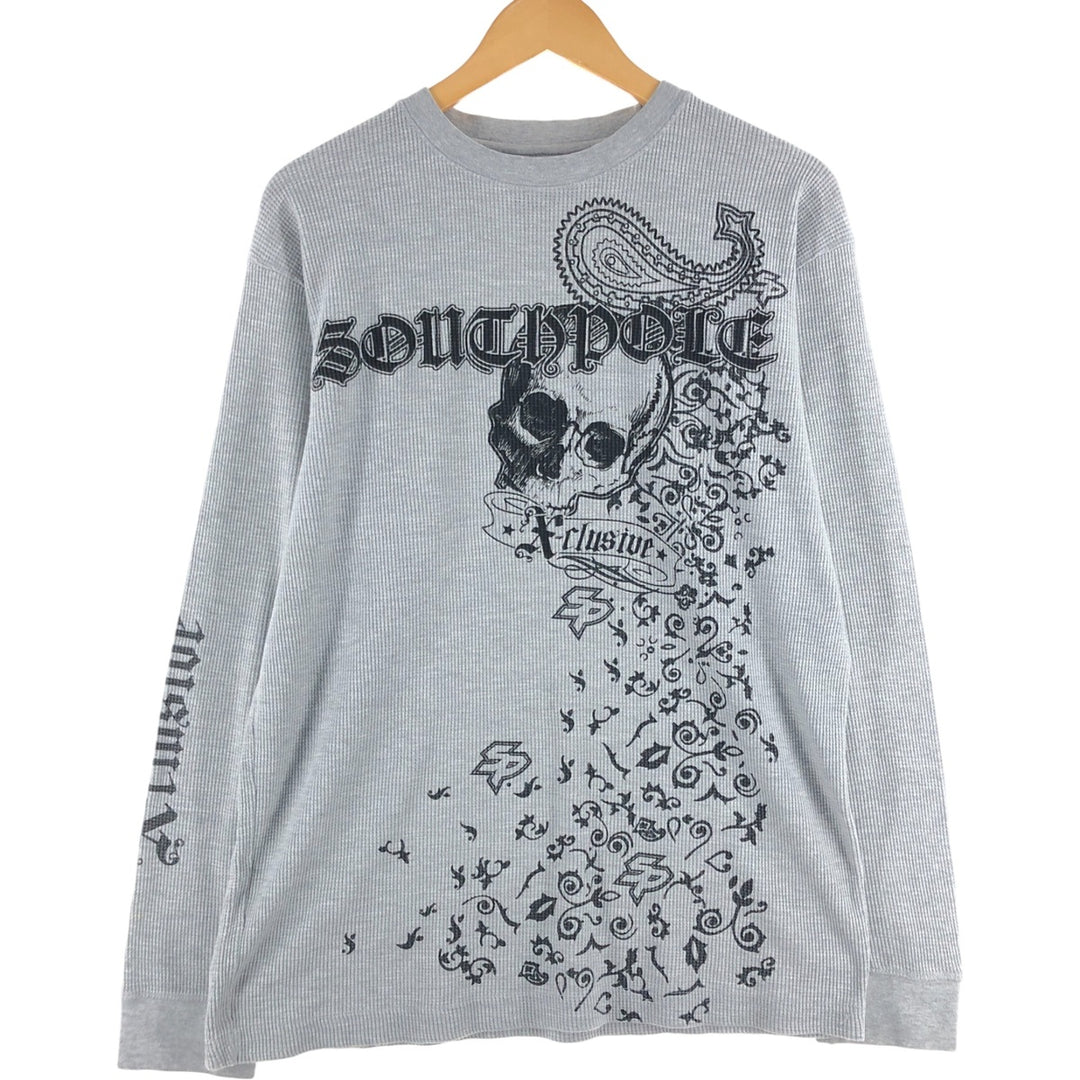 Skull Pattern Large Print Thermal Long Sleeve T-Shirt Waffle Men's L Size cotton gray type Vintage Second Hand