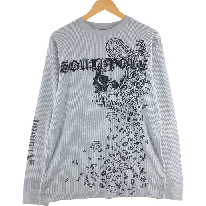 Skull Pattern Large Print Thermal Long Sleeve T-Shirt Waffle Men's L Size cotton gray type Vintage Second Hand