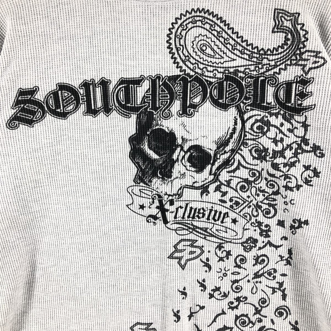 Skull Pattern Large Print Thermal Long Sleeve T-Shirt Waffle Men's L Size cotton gray type Vintage Second Hand