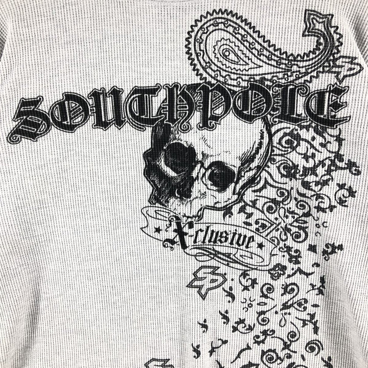 Skull Pattern Large Print Thermal Long Sleeve T-Shirt Waffle Men's L Size cotton gray type Vintage Second Hand