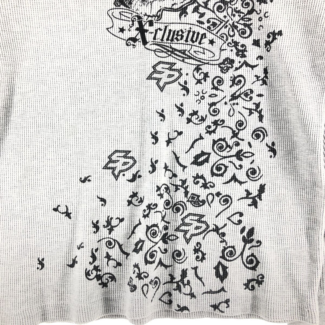 Skull Pattern Large Print Thermal Long Sleeve T-Shirt Waffle Men's L Size cotton gray type Vintage Second Hand