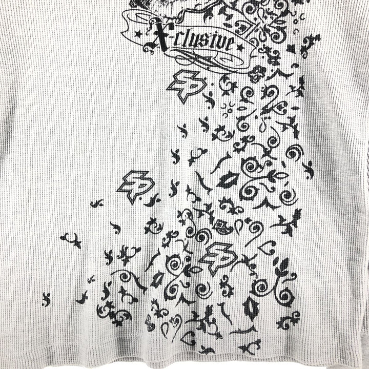 Skull Pattern Large Print Thermal Long Sleeve T-Shirt Waffle Men's L Size cotton gray type Vintage Second Hand