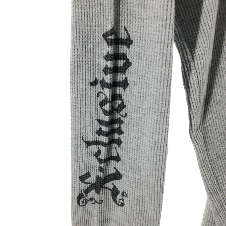 Skull Pattern Large Print Thermal Long Sleeve T-Shirt Waffle Men's L Size cotton gray type Vintage Second Hand