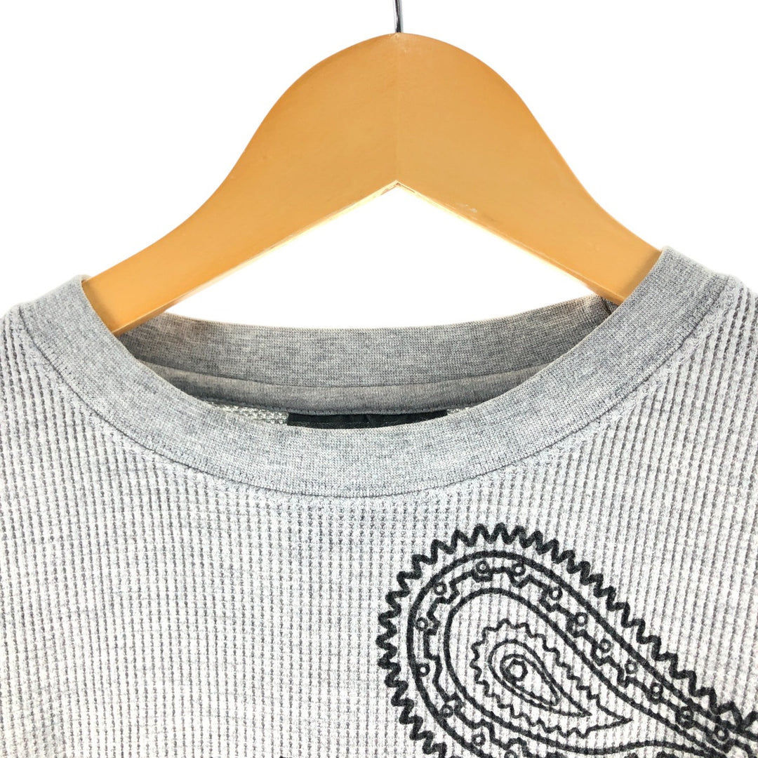 Skull Pattern Large Print Thermal Long Sleeve T-Shirt Waffle Men's L Size cotton gray type Vintage Second Hand