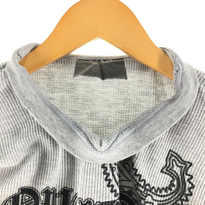 Skull Pattern Large Print Thermal Long Sleeve T-Shirt Waffle Men's L Size cotton gray type Vintage Second Hand