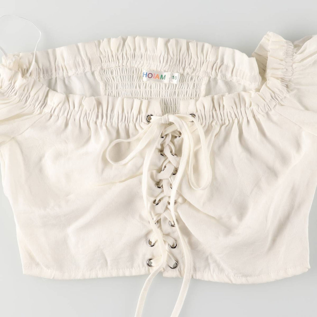 Lace-up off-shoulder cropped long sleeve ruffle blouse for women, size S polyester white type Vintage Second Hand