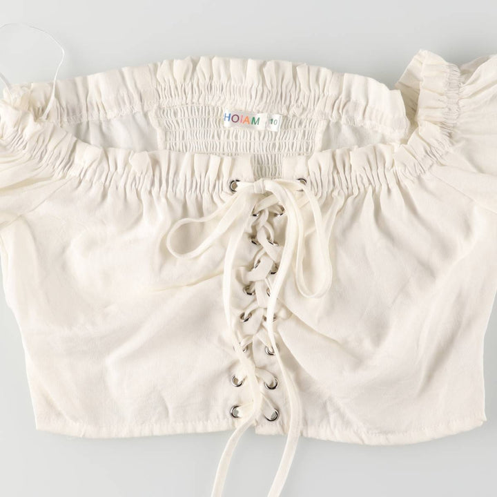 Lace-up off-shoulder cropped long sleeve ruffle blouse for women, size S polyester white type Vintage Second Hand