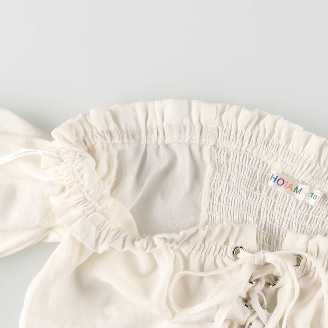 Lace-up off-shoulder cropped long sleeve ruffle blouse for women, size S polyester white type Vintage Second Hand
