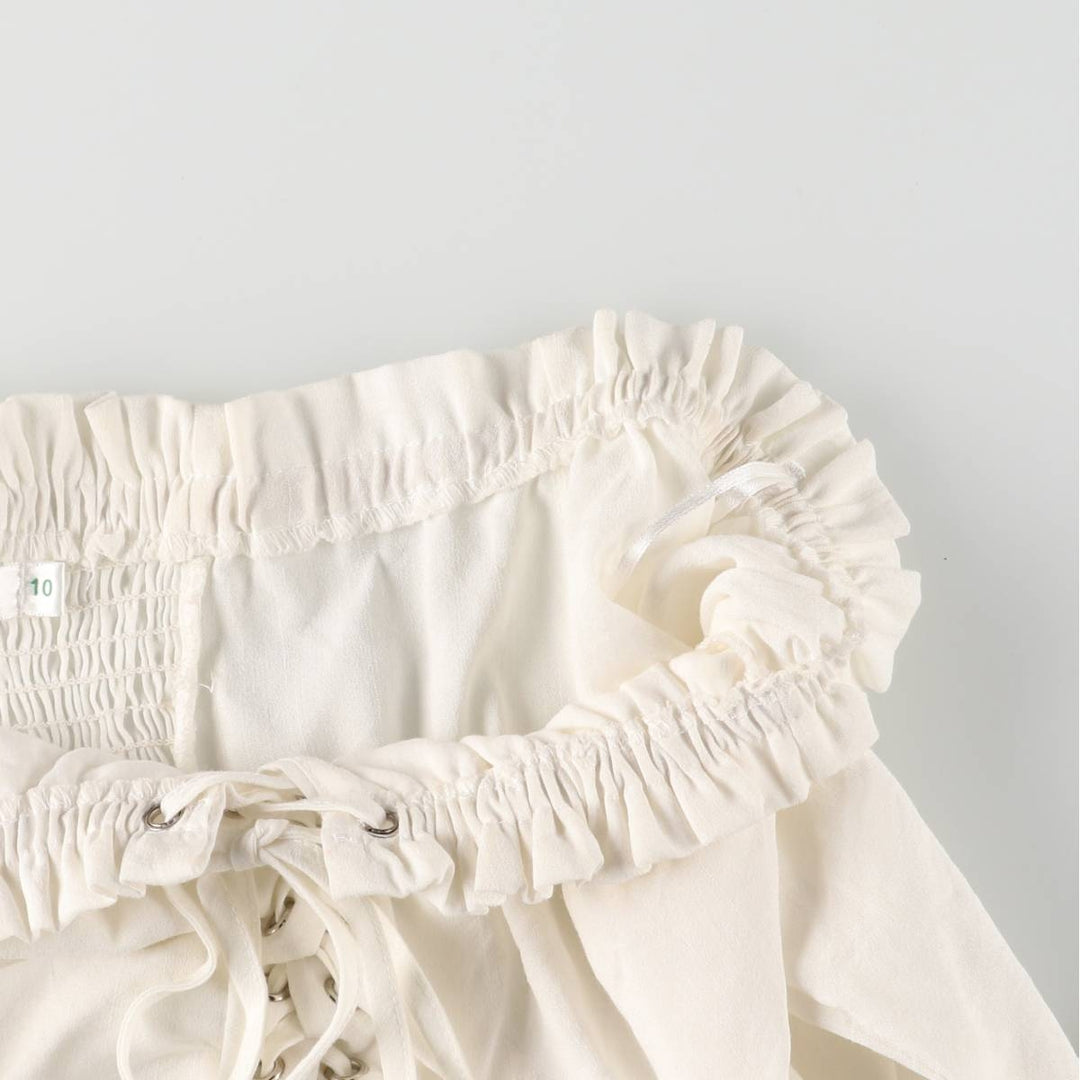 Lace-up off-shoulder cropped long sleeve ruffle blouse for women, size S polyester white type Vintage Second Hand