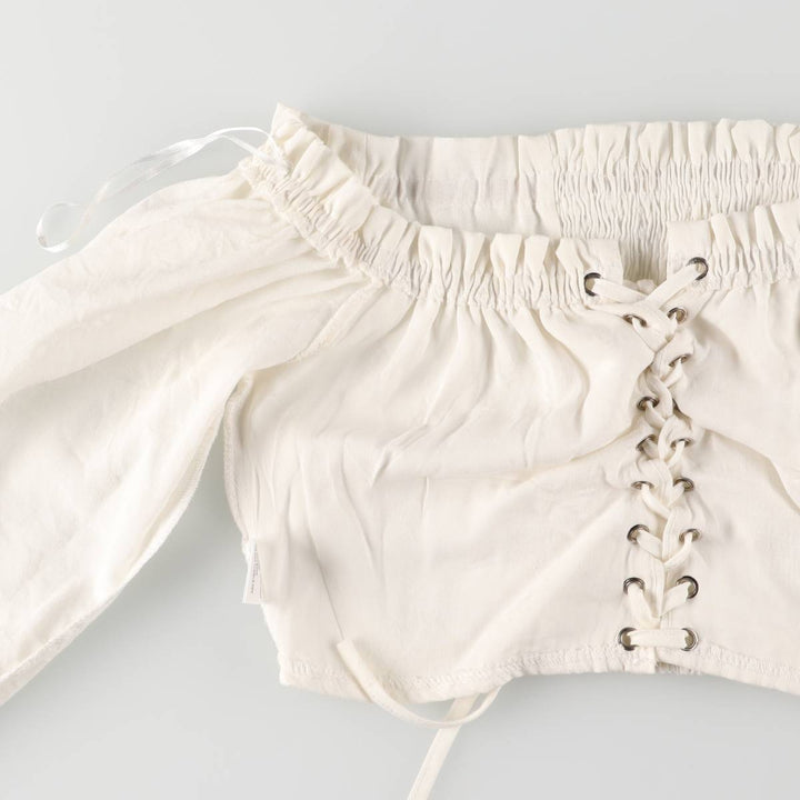 Lace-up off-shoulder cropped long sleeve ruffle blouse for women, size S polyester white type Vintage Second Hand