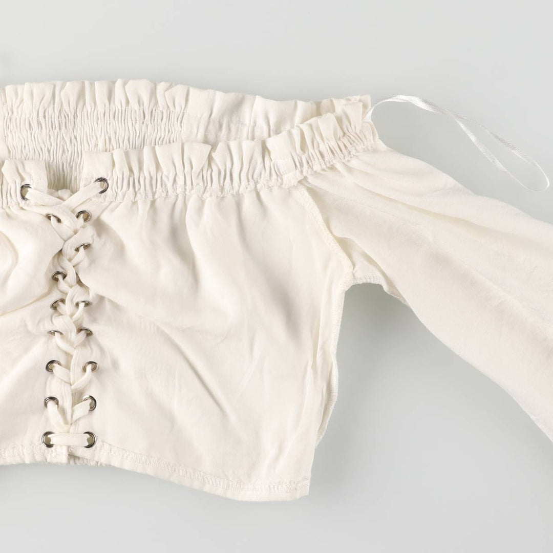 Lace-up off-shoulder cropped long sleeve ruffle blouse for women, size S polyester white type Vintage Second Hand
