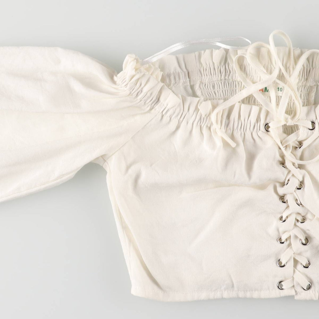 Lace-up off-shoulder cropped long sleeve ruffle blouse for women, size S polyester white type Vintage Second Hand