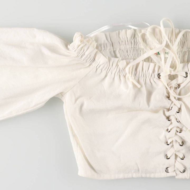 Lace-up off-shoulder cropped long sleeve ruffle blouse for women, size S polyester white type Vintage Second Hand