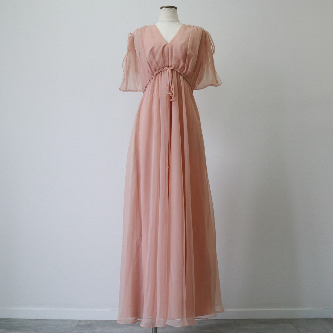 60'S Miss Elliette Chiffon V-neck Maxi length Flare dress Women's M size Vintage unclear coral Vintage Second Hand