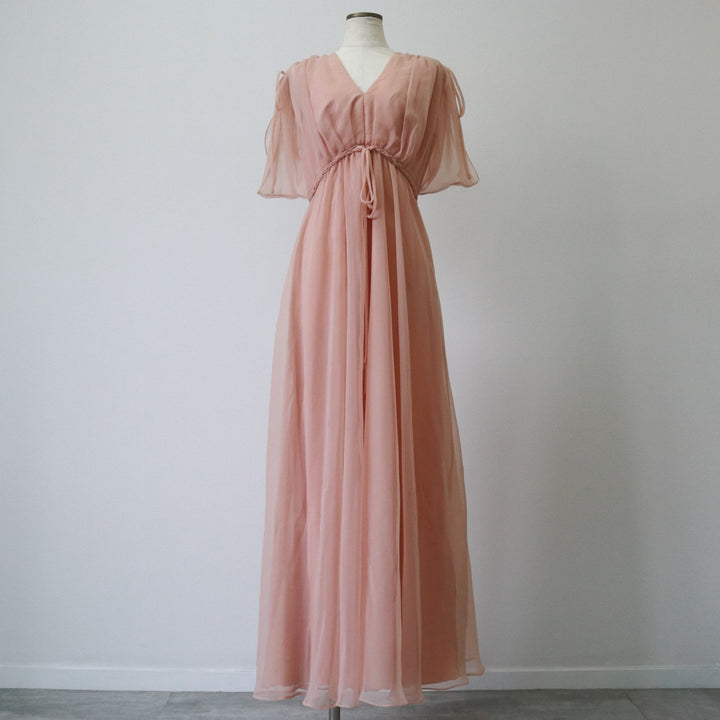 60'S Miss Elliette Chiffon V-neck Maxi length Flare dress Women's M size Vintage unclear coral Vintage Second Hand