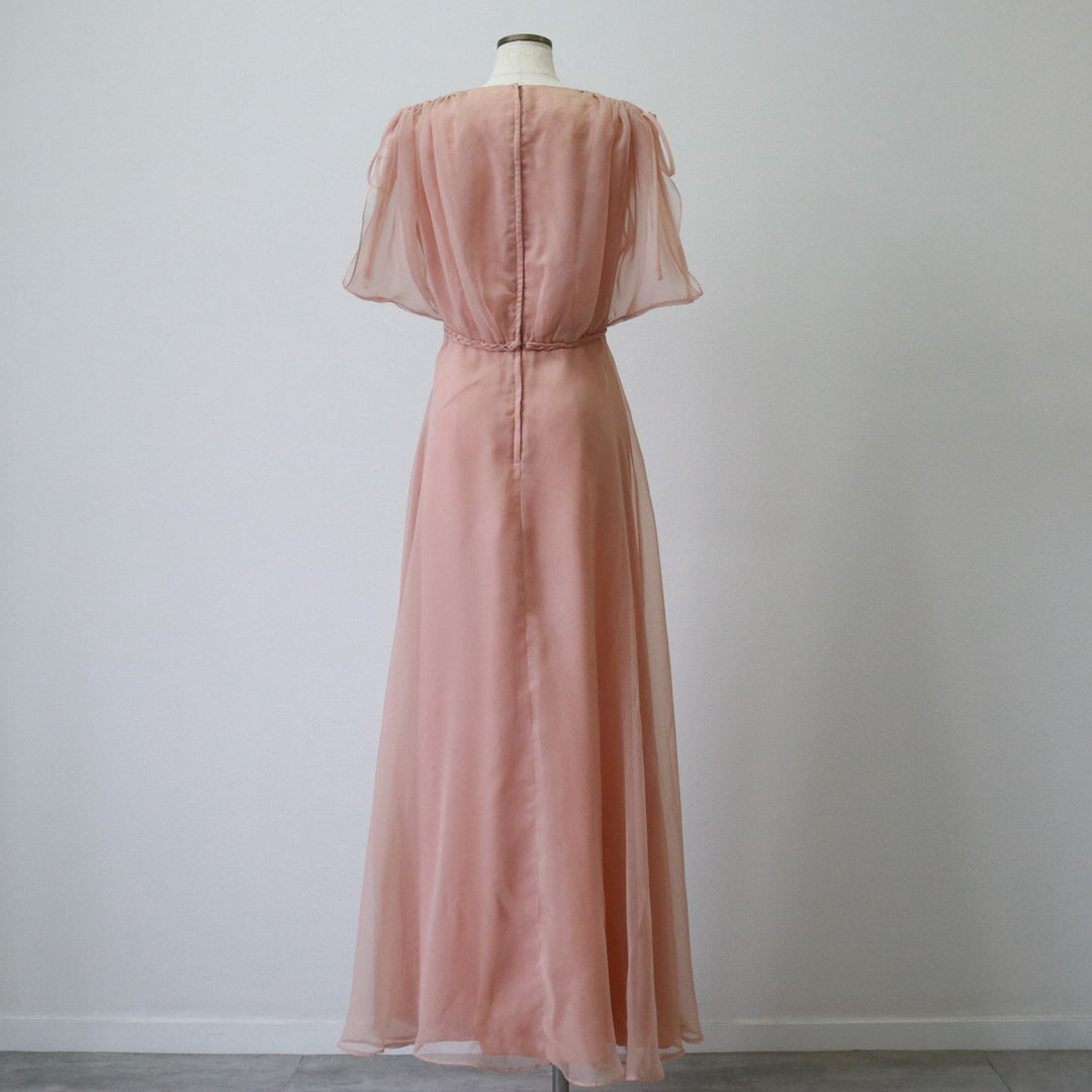60'S Miss Elliette Chiffon V-neck Maxi length Flare dress Women's M size Vintage unclear coral Vintage Second Hand