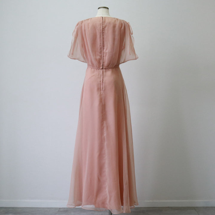 60'S Miss Elliette Chiffon V-neck Maxi length Flare dress Women's M size Vintage unclear coral Vintage Second Hand