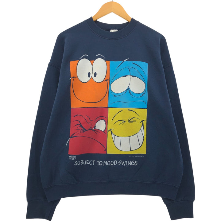 90'S Fruit of the Loom SUBJECT TO MOOD SWINGS Character Sweatshirt Trainer Made in USA Men's XL cotton navy blue type Vintage Second Hand